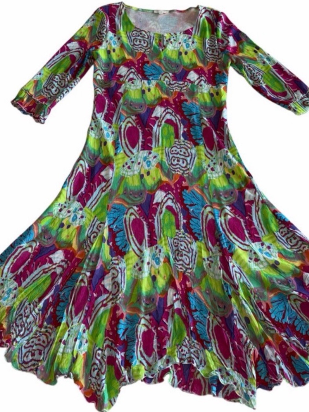 UBU MIDI Dress Size Small Rainbow Psychedelia Pattern 3/4 Sleeve Square Neck